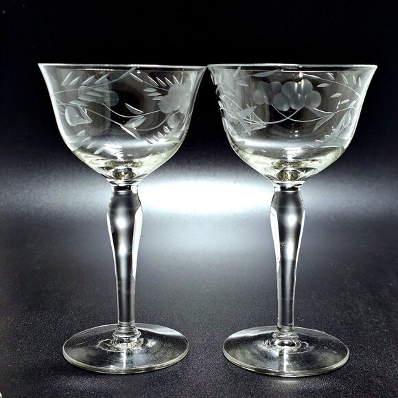 2 Etched Floral Cocktail Coupes 5.5" Glasses vtg Czech 1950s sharp leaf ferns 4o - Picture 1 of 6